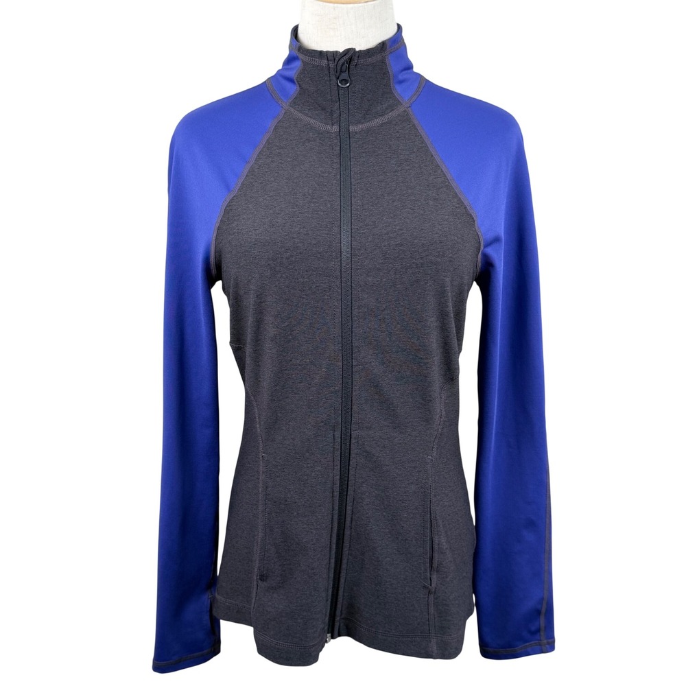 Zella Womens Small Full Zip Jacket Blue Gray Mesh Back Thumbholes Athletic